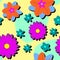 Colourful flowers on a yellow and blue background.