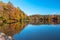 Colourful forested shores of a mountain lake on a clear autumn morning