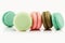 Colourful french macaroons or macaron on white, generative AI