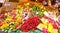 Colourful Fruit Stand Display at The historic public market.  Mercado de La Boqueria, Barcelona.  Famous tourist area at La Rambla