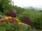 The colourful garden panorama of Muncaster Castle