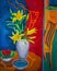 Colourful gouache painting of two rooms with flowers