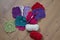 Colourful granny squares on wooden floor