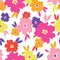 Colourful graphic large scale blooms on white background vector seamless pattern