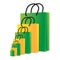 Colourful green and yellow shopping bags in line, isolated, vector illustration