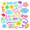 Colourful, happy and cute elements of smile faces, cloud, good vibe text, flowers, rainbow abstract doodles.