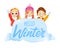 Colourful Hello Winter Writing Placard Illustration With Three Characters On White Background. Cartoon Flat Style