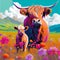 Colourful Highland cow and calf painting