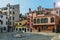 Colourful and historic houses at the Campo della Maddalena in Venice, Italy, with a variety of shapes and sizes