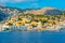 Colourful houses at waterfront of Greek island Symi