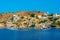 Colourful houses at waterfront of Greek island Symi