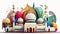 A colourful illustration of a mosque, Islamic architecture. Ramadan Kareem, Eid Al-Fitr concept