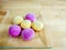 Colourful Japanese Mochi in a transparent plate.