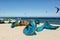 Colourful kites lining on beach in Mexico