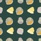 Colourful knitted beanies and hats seamless pattern on dark green background