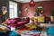 colourful living room, with eclectic mix of furniture and accessories