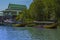 Colourful longtail speed boats moored up in a mangrove swamp before departing to Phang Nga Bay, Thailand