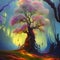 Colourful magic tree in a forest, created with AI generative tools