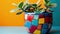 A colourful mosaic plant pot handcrafted with vibrant tiles in an abstract pattern.