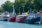 Colourful motor ships at Warnemuende harbour