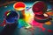 Colourful open spilling paint pots