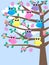 Colourful owls in a tree