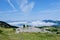 Colourful panoramic landscape from mountain top in Arrete, France. Mountain edge in French Pyrenees