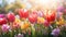 Colourful panoramic spring banner of fresh tulips
