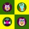 Colourful patchwork with icons of cartoon owls in circles on a square background. Surface pattern design with owls