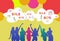 Colourful people silhouette, group of diversity woman, season sale concept bubbles yellow background horizontal