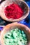 Colourful pigment powders in clay pots