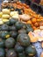 Colourful pumpkins, marrows and cucumbers in the world-famous Union Square Greenmarket in New York.