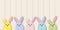 Colourful rabbits shaped like eggs on white wooden background, Holiday illustration for greeting card of Happy Easterâ€™s Day.