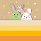 Colourful rabbits on yellow or orange background. Holiday illustration for greeting card of Happy Easterâ€™s Day.