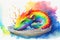 Colourful rainbow cute sleeping baby dragon watercolour painting animal animals