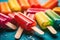 Colourful rainbow fruit ice pops. Tasty refreshing popsicles on hot day. Generative AI