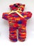 Colourful rainbow knitted teddy bear with ribbon scarf