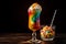 Colourful rainbow sherbet in a tall glass, topped with whipped cream and sprinkles dark background. AI generated