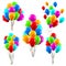 Colourful realistic balloons. Glossy green, red and blue helium balloons bunches, birthday party celebration decorations