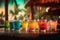 Colourful refreshing cocktail shots on the wooden table served in beach bar on summer day. Generative AI