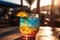 Colourful refreshing cocktail on the wooden table served in beach bar on summer day. Generative AI