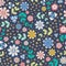 Colourful seamless repeat pattern of outlined stylized flowers and leaves. A pretty floral vector design in bright folk