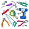 Colourful set of carpentry tools, hammer, drill and saw