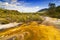 Colourful silica terrace formed by hot water algae growing in the geothermal area of Orakei Korako The Hidden Valley, Northern