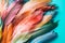 Colourful softy feathers on blue pastel background. AI generated.