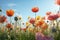 Colourful spring flowers at field over blue sky, created using generative ai technology