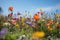 Colourful spring flowers at field over blue sky, created using generative ai technology