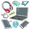 Colourful sticker computer, Internet pointers, headphones and laptop