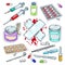 Colourful sticker of medical drugs, tablets, syringes and plaster