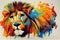 Colourful stylised lion portrait on grey background, created using generative ai technology